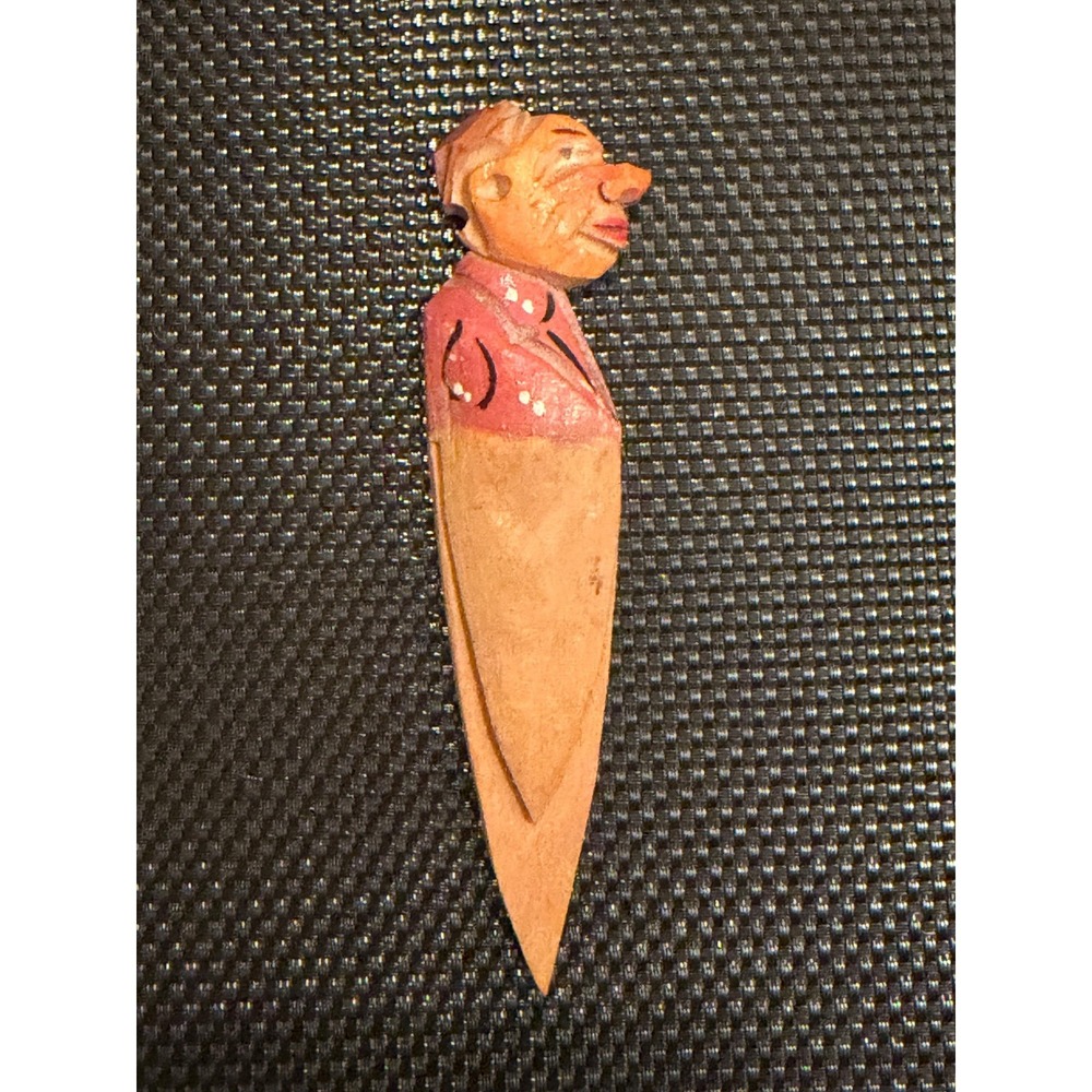 Vintage Hand Carved Painted Wood Bookmark  - Man - Made in Italy Artist Anri (?)